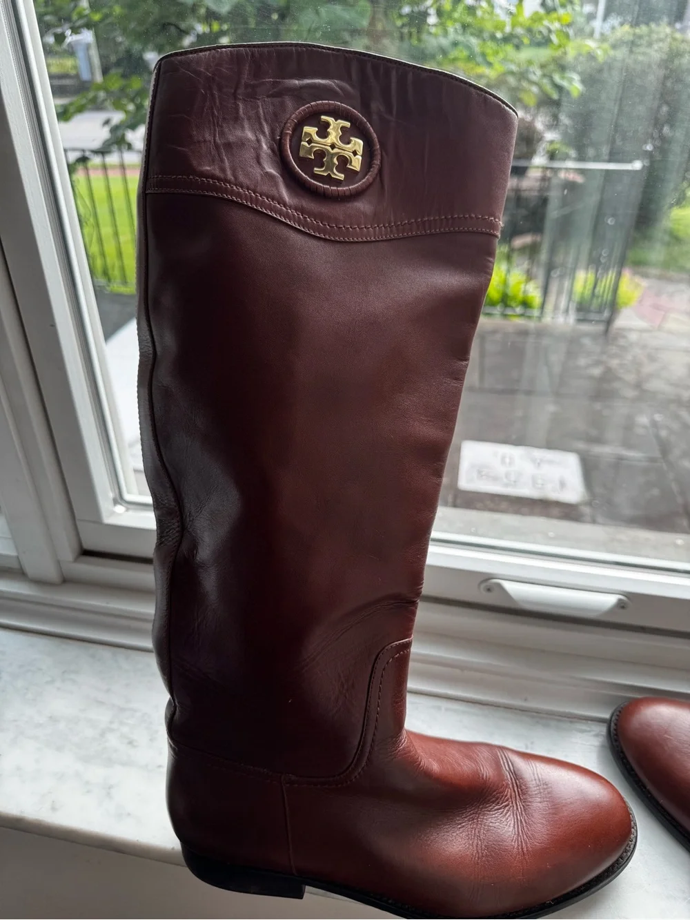 Tory Burch Chestnut Brown Leather Knee Boots with Logo Medallion